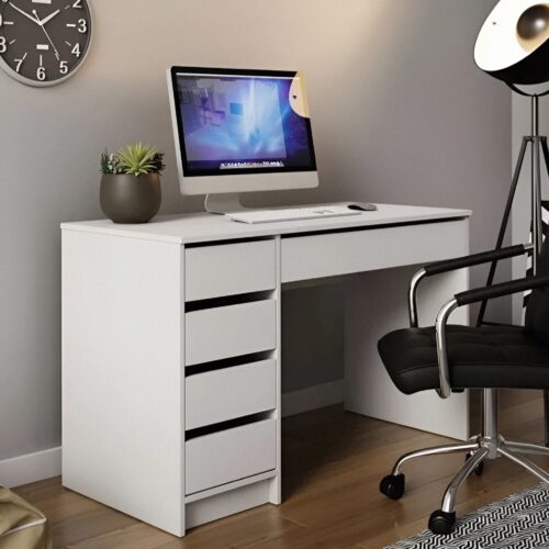 Nuestro escritorio minimalista en color blanco con 5 cajones y correderas telescópicas es la elección perfecta para quienes buscan una combinación de elegancia y funcionalidad. Con su diseño moderno, materiales de alta calidad y facilidad de montaje, este mueble se convertirá en una pieza esencial en tu área de trabajo.