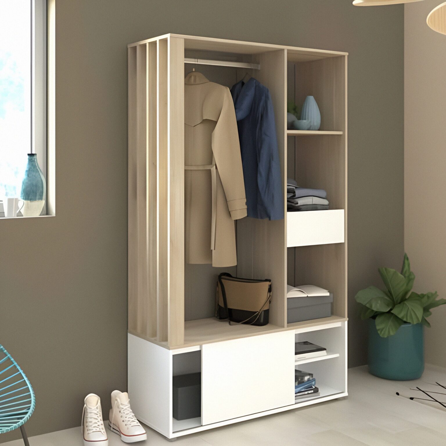 Transforma la primera impresión de tu hogar con este mueble recibidor en color Rovere. Con su diseño elegante, amplio espacio de almacenamiento y características funcionales, este mueble es una adición esencial para cualquier entrada moderna.