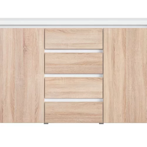 Aprovecha la oferta de La cómoda blanca roble con 2 puertas y 4 cajones es el mueble ideal para quienes buscan un diseño moderno, minimalista y altamente funcional. Su acabado en color blanco mate  y roble aporta un toque sofisticado a cualquier espacio, desde dormitorios hasta salas de estar u oficinas. Con unas dimensiones de 92 cm de alto, 143 cm de largo y 40 cm de profundidad, esta cómoda ofrece amplio almacenamiento gracias a sus 2 divisiones internas y 4 cajones con correderas telescópicas de calidad, que garantizan una apertura y cierre suaves y duraderos.