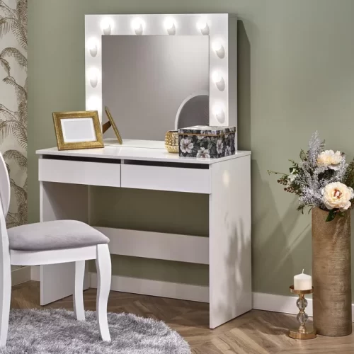 nuestro tocador moderno, disponible en colores blanco, negro y madera natural. Diseñado con 2 cajones con correderas telescópicas, un espejo incorporado y luces LED, este tocador es ideal para cualquier dormitorio. Fabricado con melamina de alta calidad de 18 mm y con medidas de 140 cm de alto, 94 cm de ancho y 43 cm de profundidad