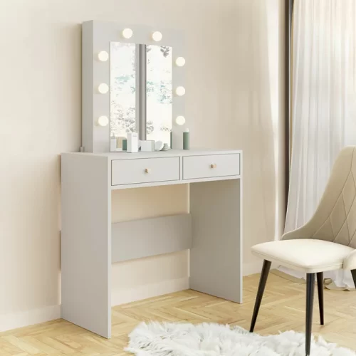 elegante tocador en color blanco, diseñado para ofrecer estilo y funcionalidad en cualquier dormitorio. Equipado con 2 cajones con correderas telescópicas, un espejo incorporado y luces LED, este tocador es la elección perfecta para quienes buscan un mueble práctico y moderno.