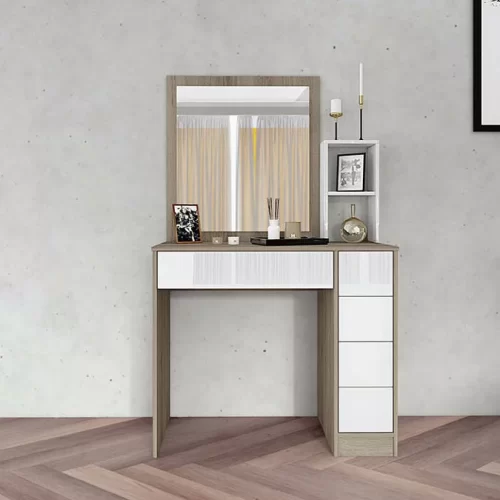 Tocador Lady 5 Cajones con Espejo. Este mueble combina estilo y utilidad, convirtiéndose en un imprescindible para tu dormitorio o vestidor. Con cinco amplios cajones, tendrás espacio más que suficiente para organizar tus accesorios, maquillaje y joyas de manera ordenada y accesible.