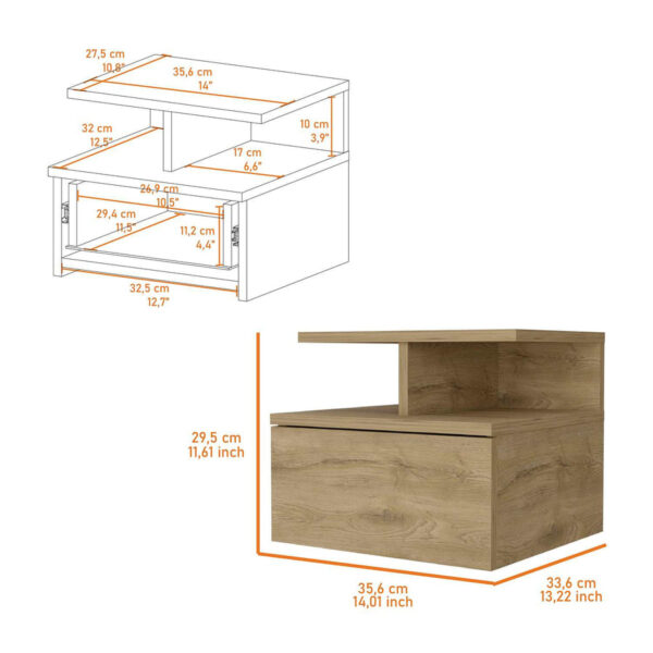 Aprovecha la oferta de esta mesa de noche flotante en color roble es el mueble perfecto para quienes buscan optimizar el espacio en su dormitorio sin comprometer el estilo. Su diseño moderno y minimalista, junto con su cajón sin tirador y sus dos divisiones inferiores, proporciona una solución funcional y estética para organizar y decorar tu habitación.