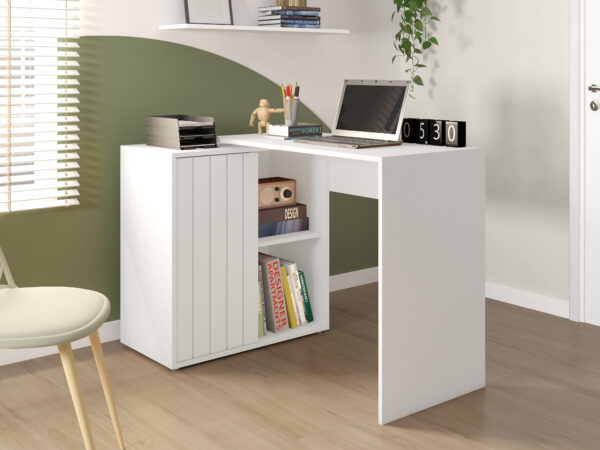 escritorio funcional con 1 puerta, divisiones y entrepaños, fabricado en melamina y MDF ranurado de alta calidad en color blanco