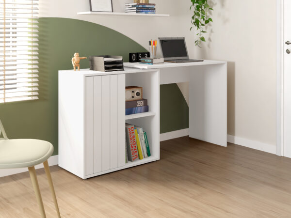escritorio funcional con 1 puerta, divisiones y entrepaños, fabricado en melamina y MDF ranurado de alta calidad en color blanco