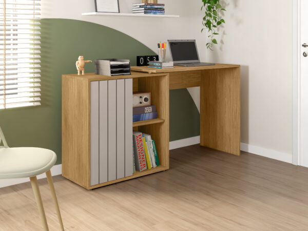 escritorio funcional con 1 puerta, divisiones y entrepaños, fabricado en melamina y MDF ranurado de alta calidad en color Jerez