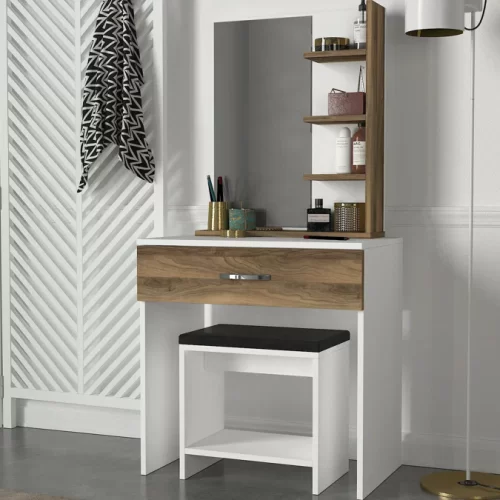 tocador con 1 cajon 3 Divisiones con repisas y 1 espejo, color blanco con Caramelo con medidas alto 143 cm ancho 72 cm y profundidad 45 cm