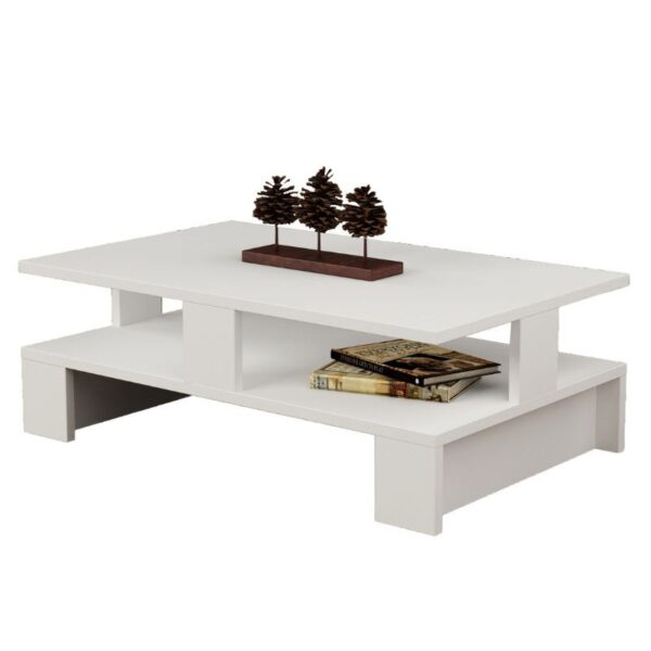 mesa de centro minimalista en color blanco, diseñada para ofrecer un equilibrio perfecto entre elegancia y funcionalidad