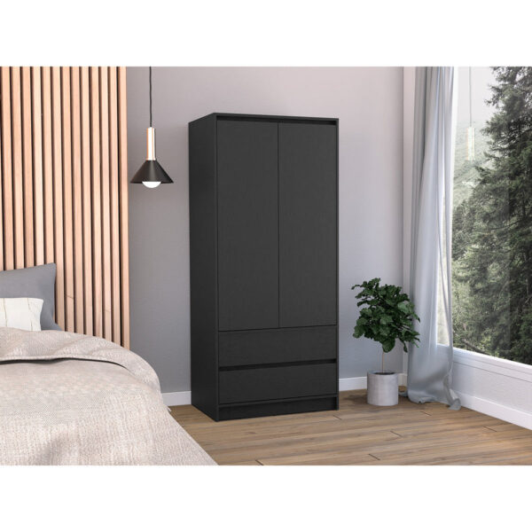 ropero con 2 puertas, sistema de apertura push, 2 amplios cajones y un colgador de aluminio es la elección perfecta para quienes buscan combinar elegancia y funcionalidad en su dormitorio.