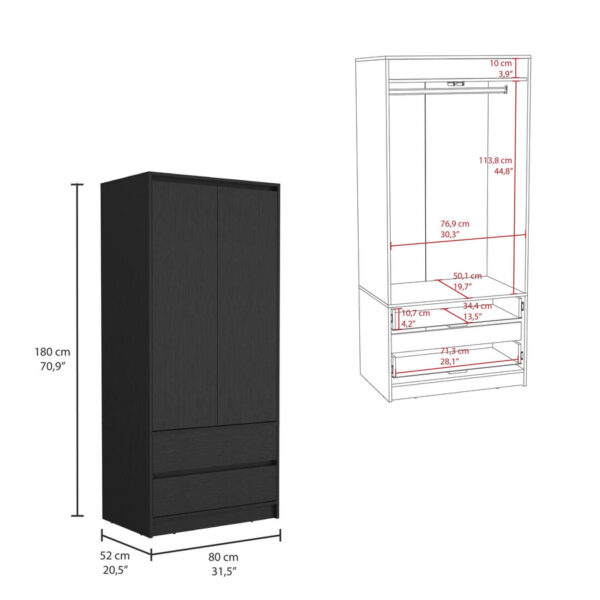 ropero con 2 puertas, sistema de apertura push, 2 amplios cajones y un colgador de aluminio es la elección perfecta para quienes buscan combinar elegancia y funcionalidad en su dormitorio.