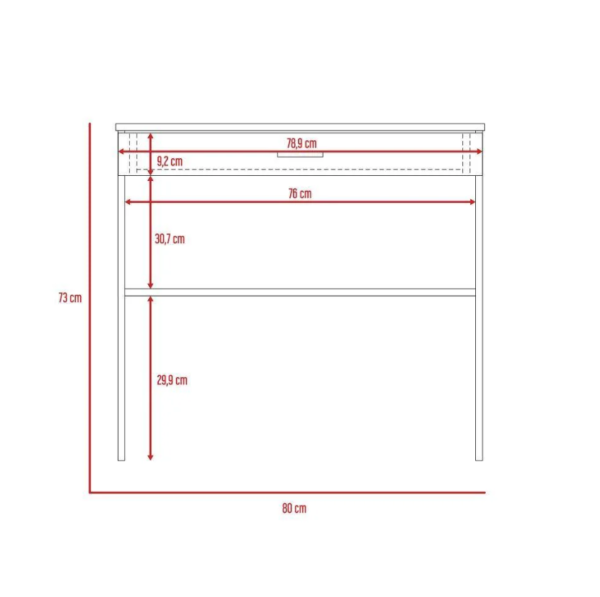 Lindo escritorio para el teletrabajo. Tiene un cajón y manija metálica. Amplio espacio de trabajo Alto: 73,6cm Ancho: 80cm Profundo: 49,8cm