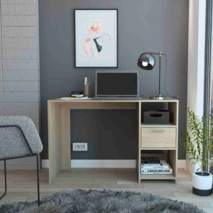 Su diseño minimalista transforma por completo tus espacios de trabajo o estudio. Cuenta con una amplia superficie de trabajo, en su parte derecha tiene dos entrepaños y un cajón donde puedes almacenar todos tus elementos personales. Los acabados del mueble lo hacen muy llamativo gracias a su color, a eso se le suma la calidad de sus materiales por lo cual, es un mueble muy resistente y duradero.