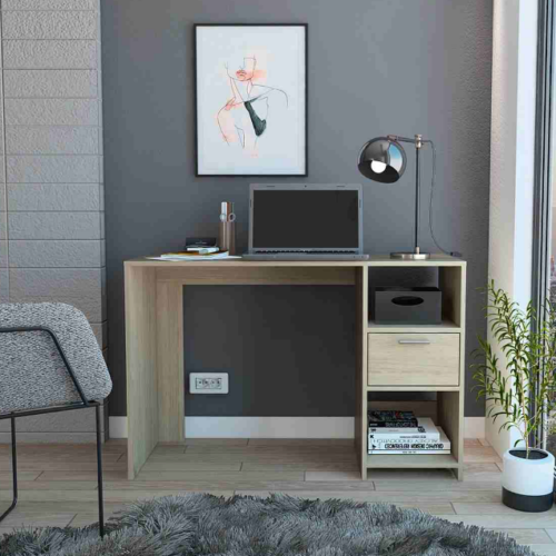 Su diseño minimalista transforma por completo tus espacios de trabajo o estudio. Cuenta con una amplia superficie de trabajo, en su parte derecha tiene dos entrepaños y un cajón donde puedes almacenar todos tus elementos personales. Los acabados del mueble lo hacen muy llamativo gracias a su color, a eso se le suma la calidad de sus materiales por lo cual, es un mueble muy resistente y duradero.
