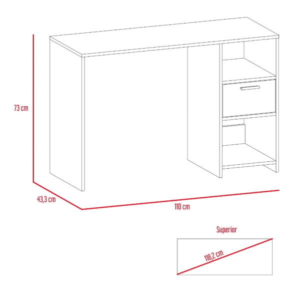 Su diseño minimalista transforma por completo tus espacios de trabajo o estudio. Cuenta con una amplia superficie de trabajo, en su parte derecha tiene dos entrepaños y un cajón donde puedes almacenar todos tus elementos personales. Los acabados del mueble lo hacen muy llamativo gracias a su color, a eso se le suma la calidad de sus materiales por lo cual, es un mueble muy resistente y duradero.