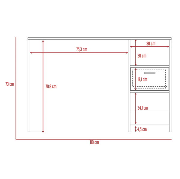 Su diseño minimalista transforma por completo tus espacios de trabajo o estudio. Cuenta con una amplia superficie de trabajo, en su parte derecha tiene dos entrepaños y un cajón donde puedes almacenar todos tus elementos personales. Los acabados del mueble lo hacen muy llamativo gracias a su color, a eso se le suma la calidad de sus materiales por lo cual, es un mueble muy resistente y duradero.