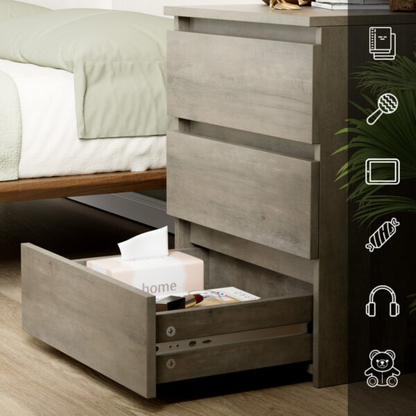 Mesa de Noche con 3 Cajones, agrega funcionalidad y estilo a tu dormitorio con un mueble que no solo organiza tus objetos personales, sino que también realza la decoración de cualquier espacio