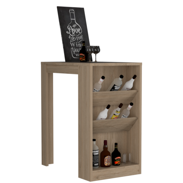 mesa de bar en color roble con 2 repisas inclinadas y un estante bajo es la elección perfecta para quienes buscan una combinación de elegancia y funcionalidad en su espacio social