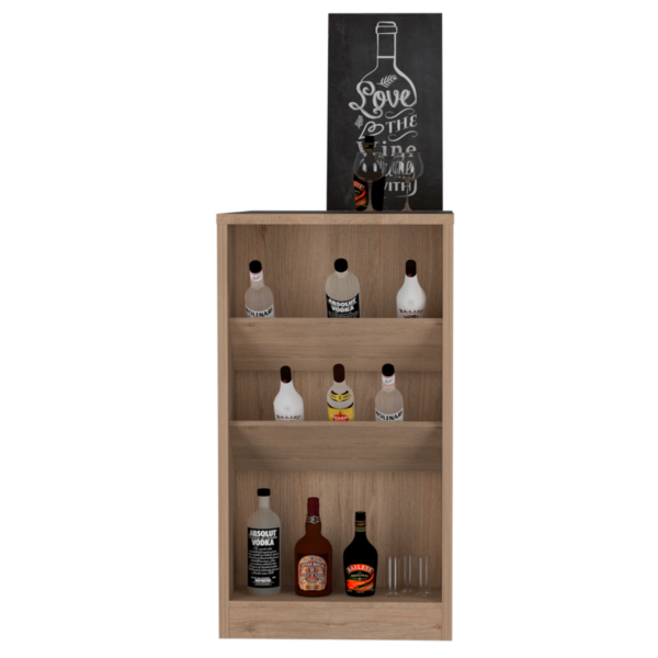 mesa de bar en color roble con 2 repisas inclinadas y un estante bajo es la elección perfecta para quienes buscan una combinación de elegancia y funcionalidad en su espacio social