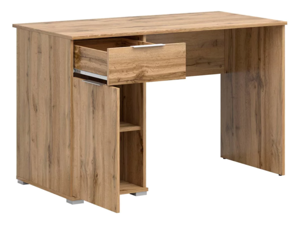 Aproveche esta gran oferta de Este escritorio moderno en color Roble es mucho más que un simple mueble; es una herramienta de organización que aporta estilo y funcionalidad a tu espacio de trabajo. Con su puerta abatible y divisiones internas, junto con  1 cajón equipados con correderas telescópicas, este escritorio está diseñado para satisfacer todas tus necesidades de almacenamiento