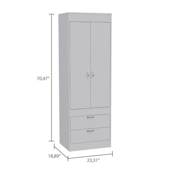 ropero blanco de diseño moderno y funcional. Este mueble, con 2 puertas y 2 cajones con correderas telescópicas, está fabricado con melamina de alta calidad de 18 mm, lo que garantiza su durabilidad y resistencia. Con unas medidas de 180 cm de alto, 60 cm de ancho y 48 cm de profundidad