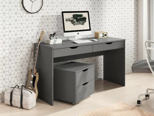 gran oferta de escritorio de oficina con dos cajones en color grafito es la opción ideal para quienes buscan un mueble funcional y elegante que se integre perfectamente en cualquier entorno de trabajo. Su diseño moderno sin tiradores, combinado con la amplia superficie de trabajo, lo convierte en un elemento imprescindible para maximizar la productividad