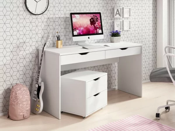 gran oferta de escritorio de oficina con dos cajones en color blanco es la opción ideal para quienes buscan un mueble funcional y elegante que se integre perfectamente en cualquier entorno de trabajo. Su diseño moderno sin tiradores, combinado con la amplia superficie de trabajo, lo convierte en un elemento imprescindible para maximizar la productividad