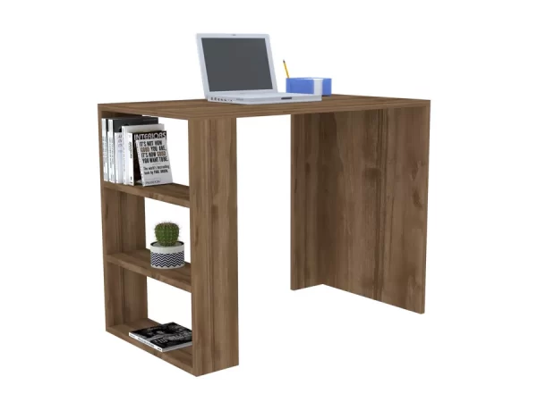 Aprovecha esta oferta de Este escritorio con 3 estantes lateral izquierdo es la elección ideal para quienes necesitan un espacio de trabajo eficiente, organizado y con un diseño moderno. Su acabado en color caramelo aporta una estética limpia y versátil que se adapta a cualquier estilo decorativo, mientras que los dos estantes laterales ofrecen un almacenamiento adicional práctico y accesible.