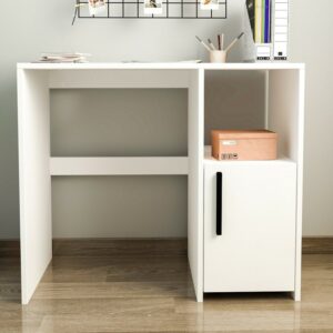 Aprovecha la oferta de este escritorio con 1 puerta abatible y un estante superior espacioso es la solución perfecta para quienes buscan un mueble que combine funcionalidad y estilo. Su elegante diseño en blanco, junto con el tirador de metal negro y el amplio estante superior, lo convierten en una pieza esencial para cualquier hogar u oficina.