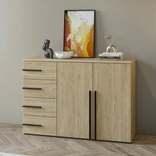 cómoda en color roble con 4 cajones y 2 puertas con amplias divisiones internas es la elección perfecta para quienes buscan una combinación de elegancia y funcionalidad.