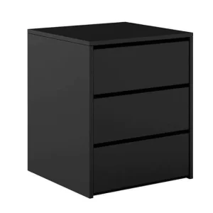 mesa de noche en color Negro. Equipado con 3 cajones con correderas telescópicas y un diseño sin tiradores, este mueble es ideal para mantener tu dormitorio organizado mientras aporta un toque moderno y elegante.