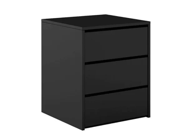 mesa de noche en color Negro. Equipado con 3 cajones con correderas telescópicas y un diseño sin tiradores, este mueble es ideal para mantener tu dormitorio organizado mientras aporta un toque moderno y elegante.