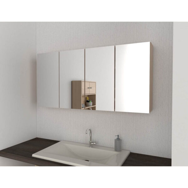 Este gabinete de baño moderno de 4 puertas abatibles con espejos es la solución perfecta para quienes buscan combinar estilo y funcionalidad en su baño. Con un acabado en Roble Jerez y un diseño sin tiradores aprovecha la oferta