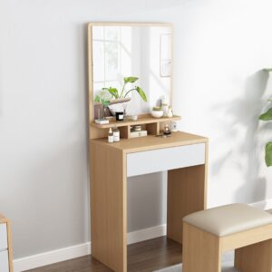 Aprovecha la oferta de este tocador moderno en Roble Jerez es la opción perfecta para quienes buscan un mueble que combine funcionalidad y estilo en su rutina diaria. Con su gran espejo, cajón sin tiradores con correderas telescópicas, y divisiones externas, este tocador te ofrece todo el espacio y la organización que necesitas