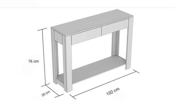 mesa consola en color gris, diseñada para brindar estilo y funcionalidad a cualquier espacio. Con 2 cajones equipados con correderas telescópicas y fabricada con melamina de alta calidad de 18 mm, esta mesa consola es la opción perfecta para aquellos que buscan un mueble versátil y duradero.