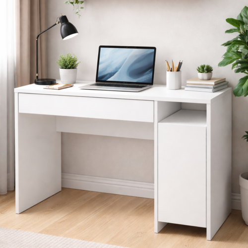 Escritorio Moderno con Puerta Abatible Estante Superior Espacioso y un Cajón con Correderas Telescópicas: Funcionalidad y Elegancia en Blanco. Un espacio de trabajo eficiente comienza con un escritorio bien diseñado. Nuestro escritorio con 1 puerta abatible un cajón sin tiradores y un estante superior espacioso es la elección ideal para quienes buscan una combinación perfecta de funcionalidad y estilo. Este mueble, en un sofisticado color blanco, no solo optimiza tu espacio de trabajo, sino que también añade un toque de elegancia moderna a cualquier habitación.