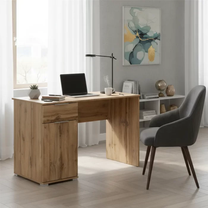 Aproveche esta gran oferta de Este escritorio moderno en color Roble es mucho más que un simple mueble; es una herramienta de organización que aporta estilo y funcionalidad a tu espacio de trabajo. Con su puerta abatible y divisiones internas, junto con  1 cajón equipados con correderas telescópicas, este escritorio está diseñado para satisfacer todas tus necesidades de almacenamiento