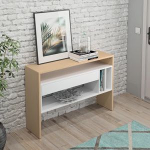 Aprovecha la oferta de nuetra mesa consola moderna en color roble y blanco es una pieza de mobiliario versátil que combina diseño contemporáneo, funcionalidad y alta calidad. Con su amplia superficie para la exposición de objetos decorativos, su cajón con correderas telescópicas y sus divisiones internas que maximizan el almacenamiento, esta consola es ideal para embellecer y organizar tu sala de estar o entrada.