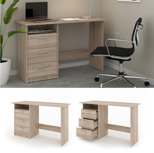 Aprovecha la super oferta La mesa escritorio de oficina en color roble es la combinación perfecta de elegancia, funcionalidad y durabilidad. Su diseño moderno, junto con los cajones con correderas telescópicas y una mesa amplia, te ofrecen todo lo que necesitas para mantener tu espacio de trabajo organizado y productivo.