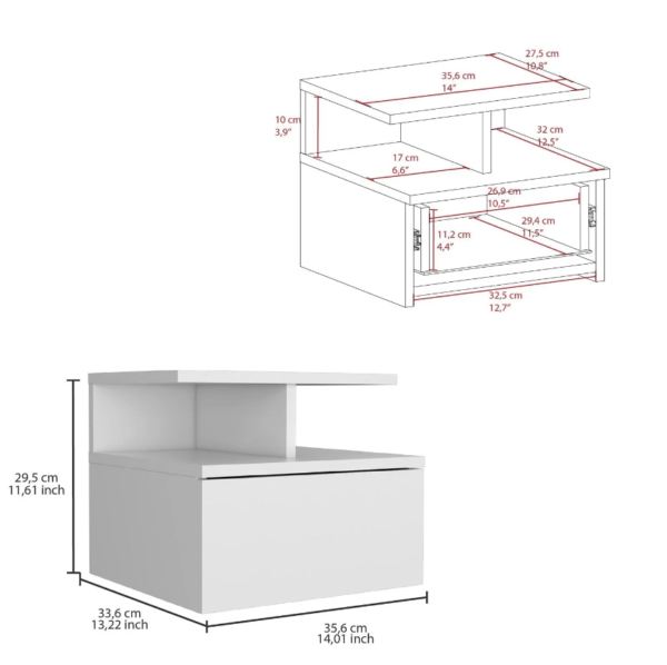 Aprovecha la oferta de La mesa de noche flotante en color blanco es el mueble perfecto para quienes buscan optimizar el espacio en su dormitorio sin comprometer el estilo. Su diseño moderno y minimalista, junto con su cajón sin tirador y sus dos divisiones inferiores, proporciona una solución funcional y estética para organizar y decorar tu habitación.