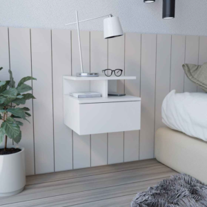 Aprovecha la oferta de La mesa de noche flotante en color blanco es el mueble perfecto para quienes buscan optimizar el espacio en su dormitorio sin comprometer el estilo. Su diseño moderno y minimalista, junto con su cajón sin tirador y sus dos divisiones inferiores, proporciona una solución funcional y estética para organizar y decorar tu habitación.