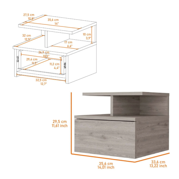 Aprovecha la oferta de esta mesa de noche flotante en color jerez es el mueble perfecto para quienes buscan optimizar el espacio en su dormitorio sin comprometer el estilo. Su diseño moderno y minimalista, junto con su cajón sin tirador y sus dos divisiones inferiores, proporciona una solución funcional y estética para organizar y decorar tu habitación.