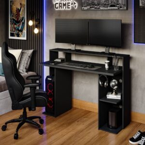 AliMueblesjyl los mejores muebles del peru Aprovecha la oferta de El escritorio gamer moderno en color negro es una opción excelente para quienes buscan un mueble funcional, elegante y optimizado para el rendimiento en juegos o trabajo. Sus 6 divisiones frontales, con 3 estantes superiores, ofrecen espacio de almacenamiento y organización para todo tipo de dispositivos y accesorios.