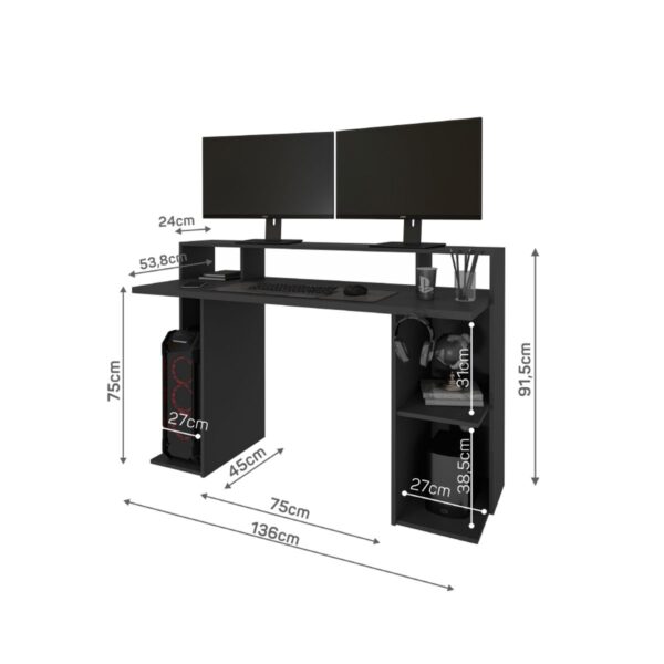 AliMueblesjyl los mejores muebles del peru Aprovecha la oferta de El escritorio gamer moderno en color negro es una opción excelente para quienes buscan un mueble funcional, elegante y optimizado para el rendimiento en juegos o trabajo. Sus 6 divisiones frontales, con 3 estantes superiores, ofrecen espacio de almacenamiento y organización para todo tipo de dispositivos y accesorios.