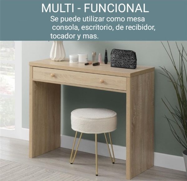 Aprovecha la oferta de La mesa consola en color roble con un amplio cajón y tiradores de madera es la elección perfecta para quienes buscan un mueble que combine diseño, funcionalidad y calidad. Sus medidas de 76 cm de alto, 91 cm de ancho y 40 cm de profundidad la hacen ideal para adaptarse a cualquier espacio, desde la entrada de tu hogar hasta la sala de estar o el dormitorio.