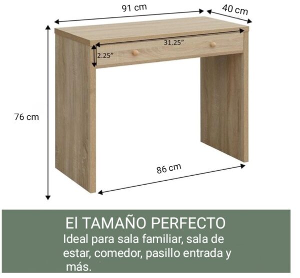 Aprovecha la oferta de La mesa consola en color roble con un amplio cajón y tiradores de madera es la elección perfecta para quienes buscan un mueble que combine diseño, funcionalidad y calidad. Sus medidas de 76 cm de alto, 91 cm de ancho y 40 cm de profundidad la hacen ideal para adaptarse a cualquier espacio, desde la entrada de tu hogar hasta la sala de estar o el dormitorio.