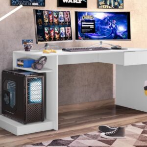 AliMueblesjyl los mejores muebles del peru Aprovecha la oferta de El escritorio gamer en color blanco es la opción perfecta para quienes buscan combinar funcionalidad y estilo moderno en un solo mueble. Su diseño con cajón sin tirador y deslizantes telescópicos suaves garantiza una experiencia de uso cómoda y eficiente, mientras que los 2 estantes abiertos ofrecen espacio adicional para almacenamiento o decoración.