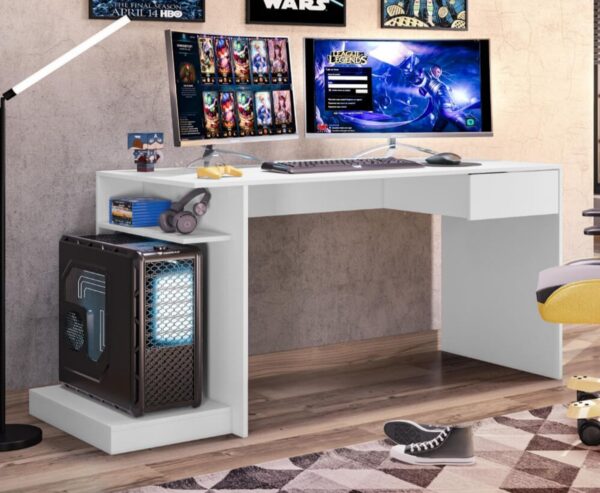 AliMueblesjyl los mejores muebles del peru Aprovecha la oferta de El escritorio gamer en color blanco es la opción perfecta para quienes buscan combinar funcionalidad y estilo moderno en un solo mueble. Su diseño con cajón sin tirador y deslizantes telescópicos suaves garantiza una experiencia de uso cómoda y eficiente, mientras que los 2 estantes abiertos ofrecen espacio adicional para almacenamiento o decoración.