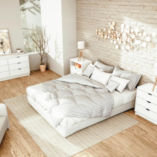 Aprovecha la oferta del juego completo de muebles de dormitorio incluye una cómoda de 120 cm de ancho con 6 cajones y mesita de noche de 3 cajones para un amplio espacio de almacenamiento La cómoda y la mesita de noche cuentan con un diseño limpio y moderno con cajones empotrados, asas integradas y elegantes detalles de metal negro.