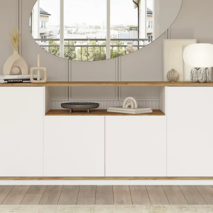 Aprovecha la ofertas de este perfecto equilibrio entre estilo y funcionalidad con nuestro aparador moderno de 4 Puertas en color blanco mate y roble. Este mueble, con un diseño contemporáneo y líneas limpias, es ideal para organizar y embellecer cualquier espacio de tu hogar.