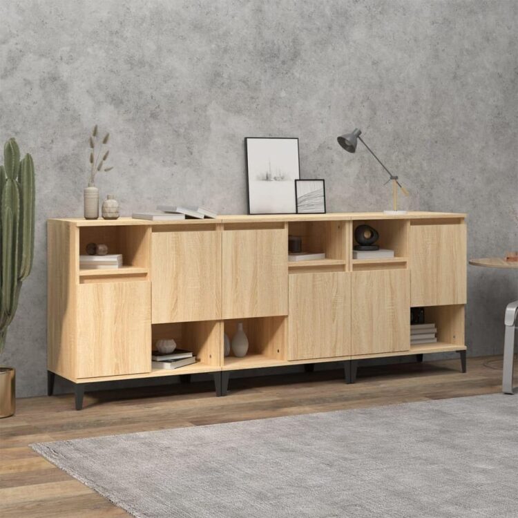 Diseño Moderno y Versátil: Este aparador, con un diseño minimalista, será un aporte práctico y decorativo para tu hogar. Con 4 puertas y  4 estantes abiertos, el aparador proporciona amplio espacio de almacenamiento para libros, dispositivos multimedia y otros artículos. La robusta superficie es ideal para exhibir objetos decorativos, marcos de fotos o plantas. También se puede usar como mueble bajo, armario auxiliar, etc. Gracias al tablero de gran calidad, este aparador está diseñado para durar.